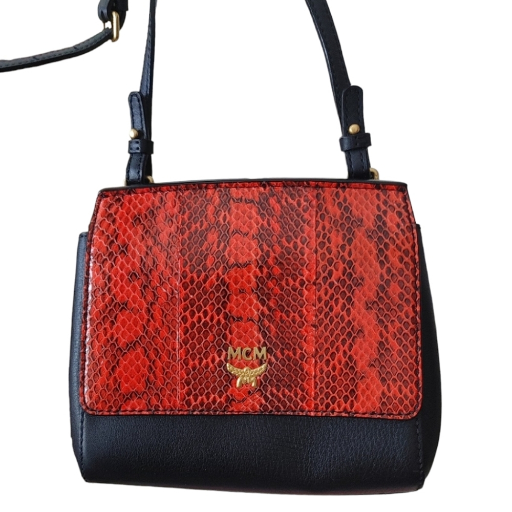 MCM Black Leather Orange Snakeskin Embossed Crossbody Bag - Picture 1 of 7